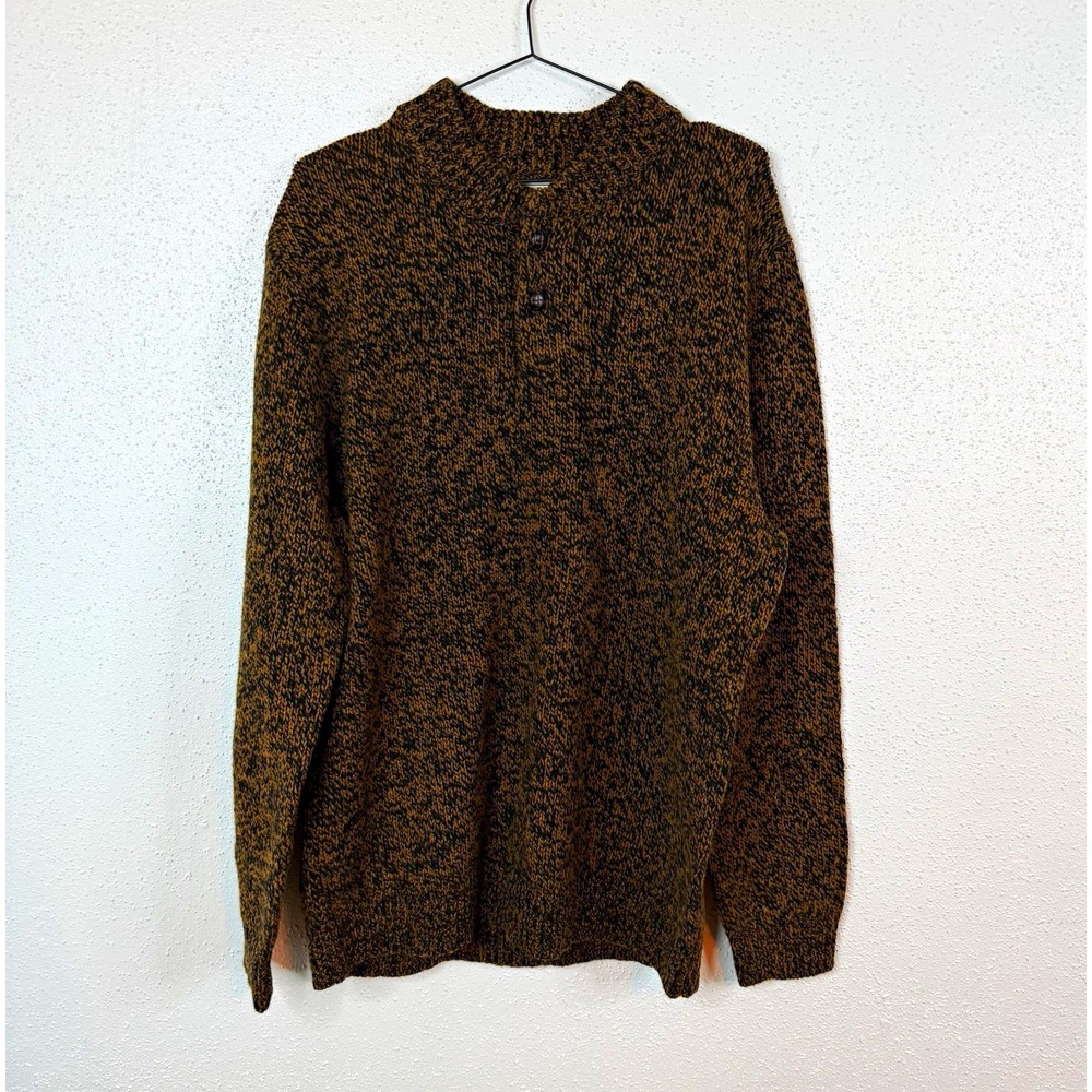 L.L.Bean Wool Knit Henley Mock Neck Marled Sweater XL Tall Brown Black 2000's